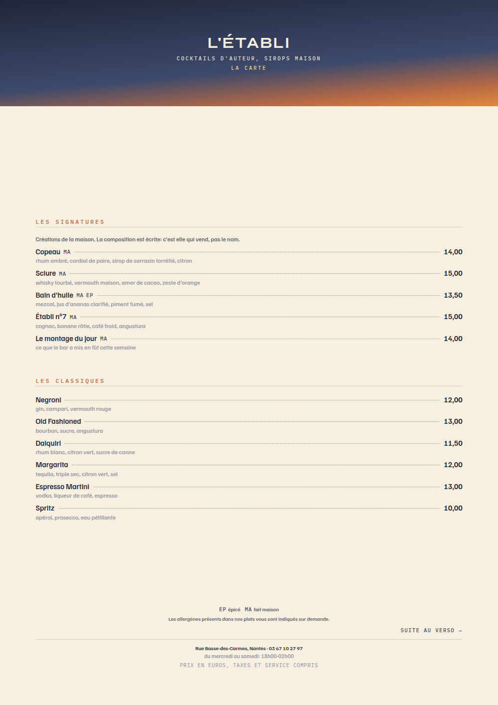 Carte de cocktails à imprimer, habillage « Altitude »