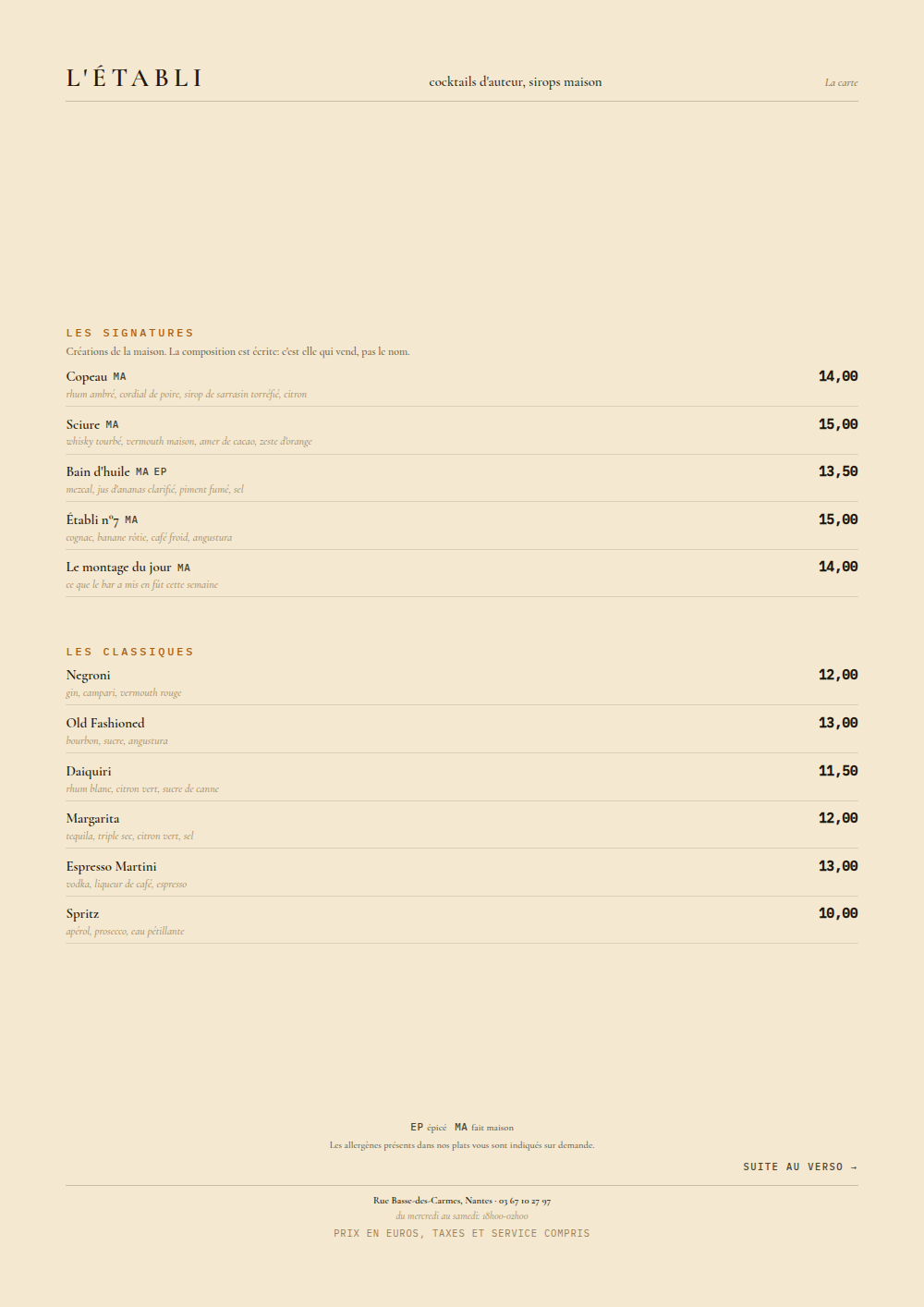 Carte de cocktails à imprimer, habillage « Cale Sèche »