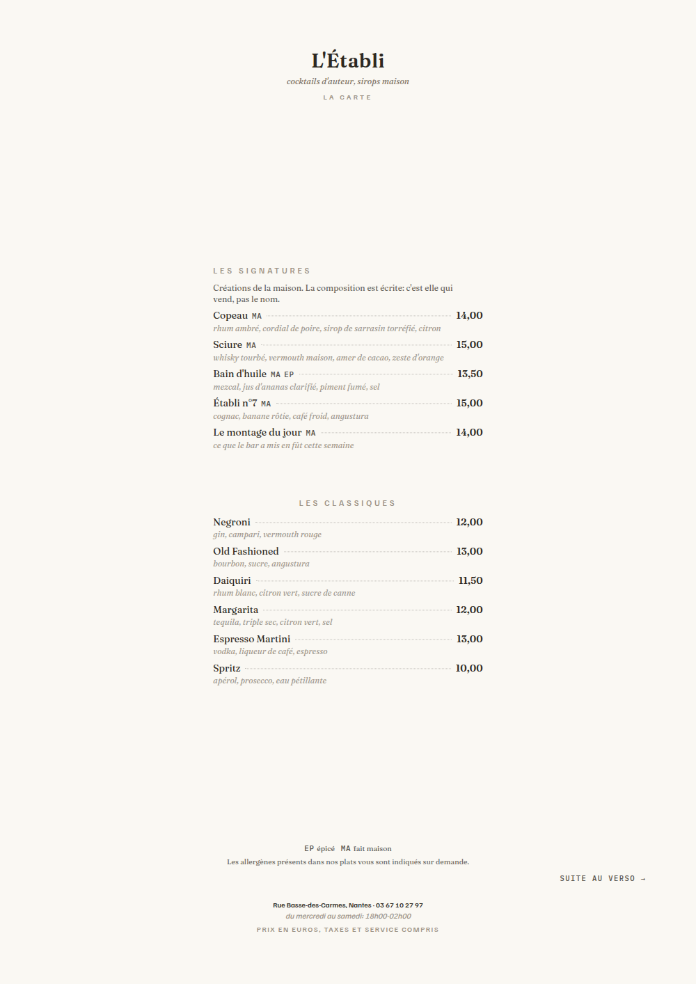 Carte de cocktails à imprimer, habillage « Colonne »