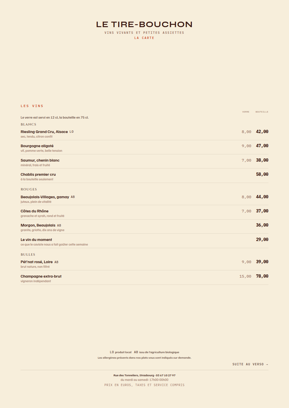 Carte de bar à vin à imprimer, habillage « Barra »
