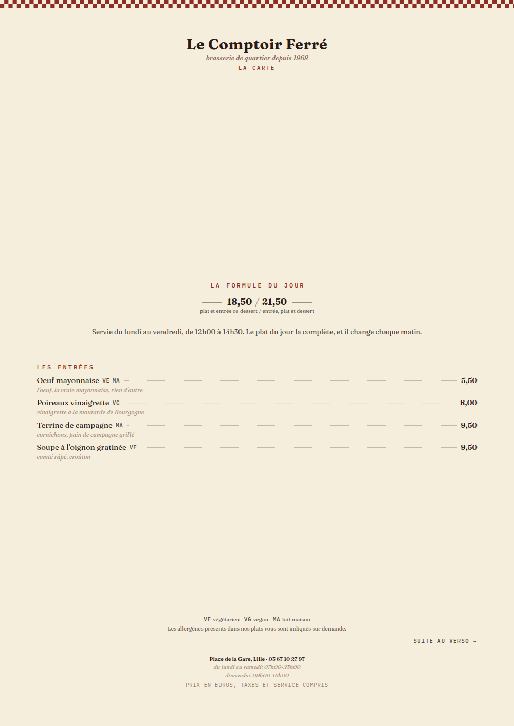 Carte de brasserie à imprimer, habillage « Le Tablier »