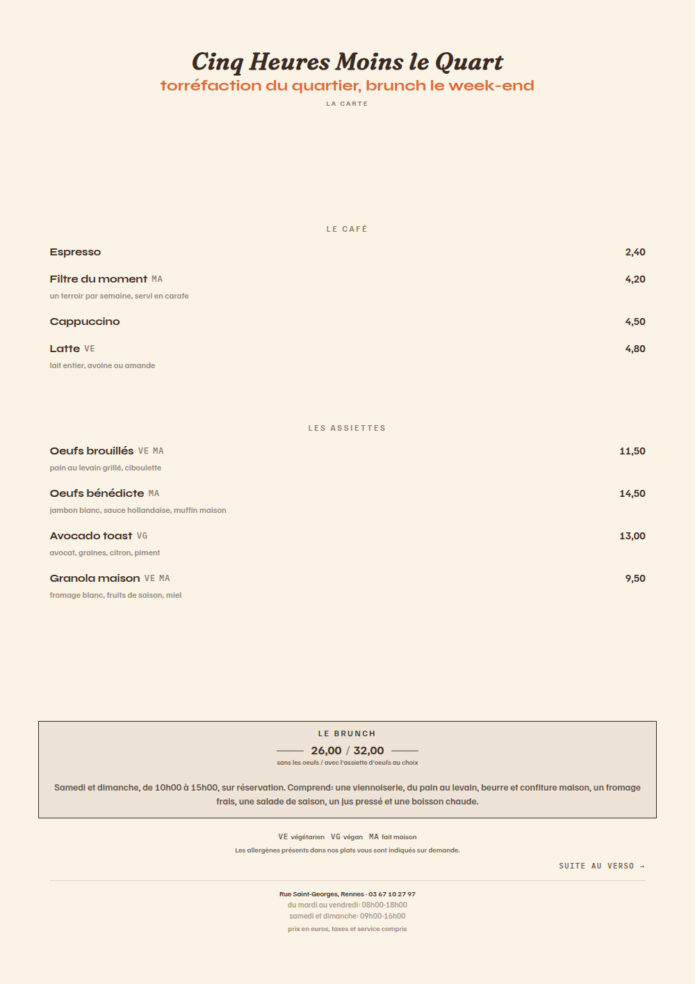 Carte de café et de brunch à imprimer, habillage « Dimanche »