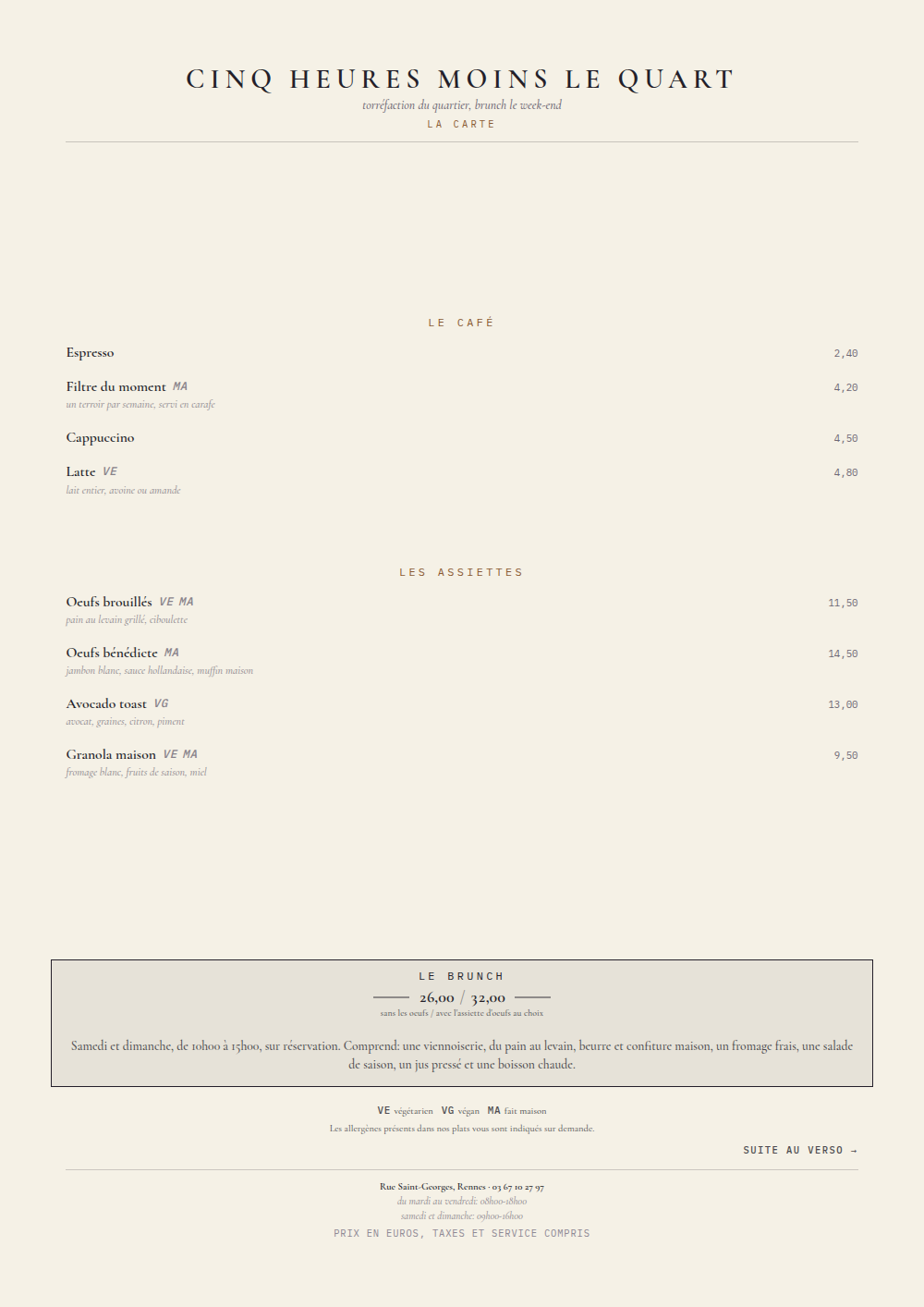 Carte de café et de brunch à imprimer, habillage « Le Chapitre »