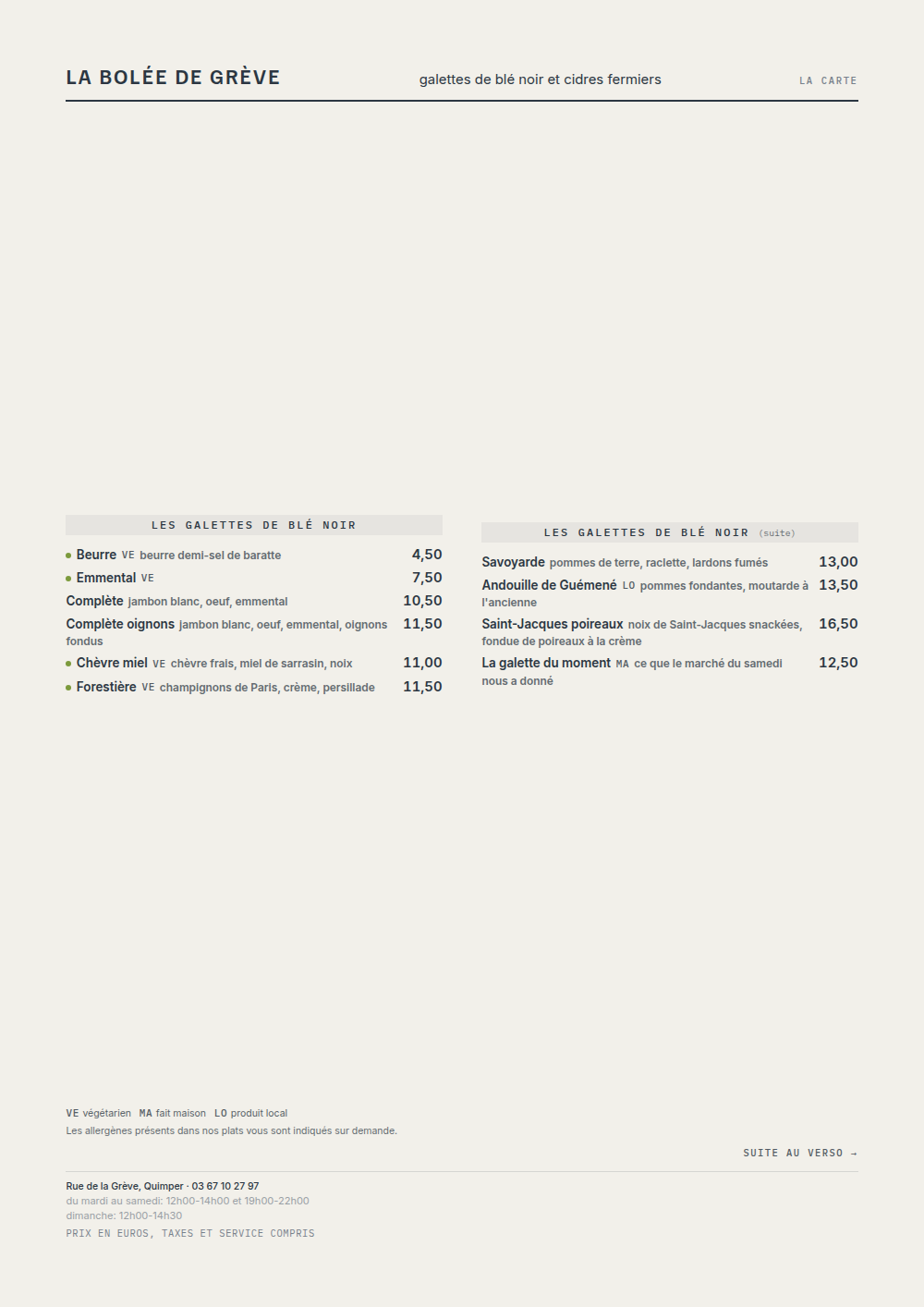 Carte de crêperie à imprimer, habillage « Semaine 12 »