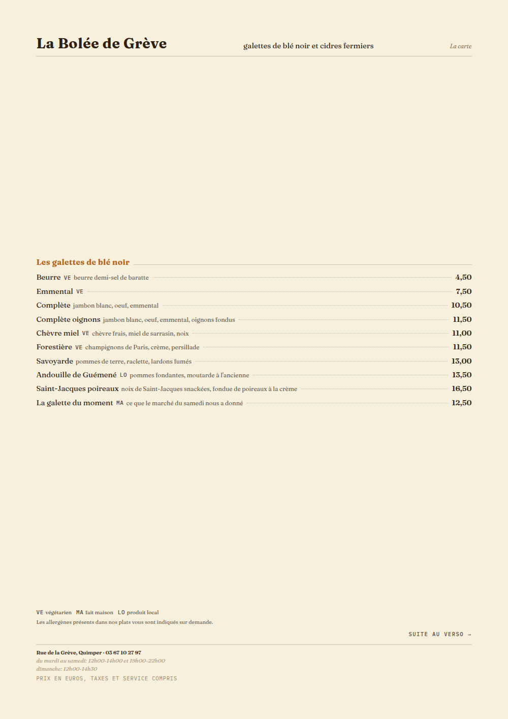 Carte de crêperie à imprimer, habillage « Affinois »