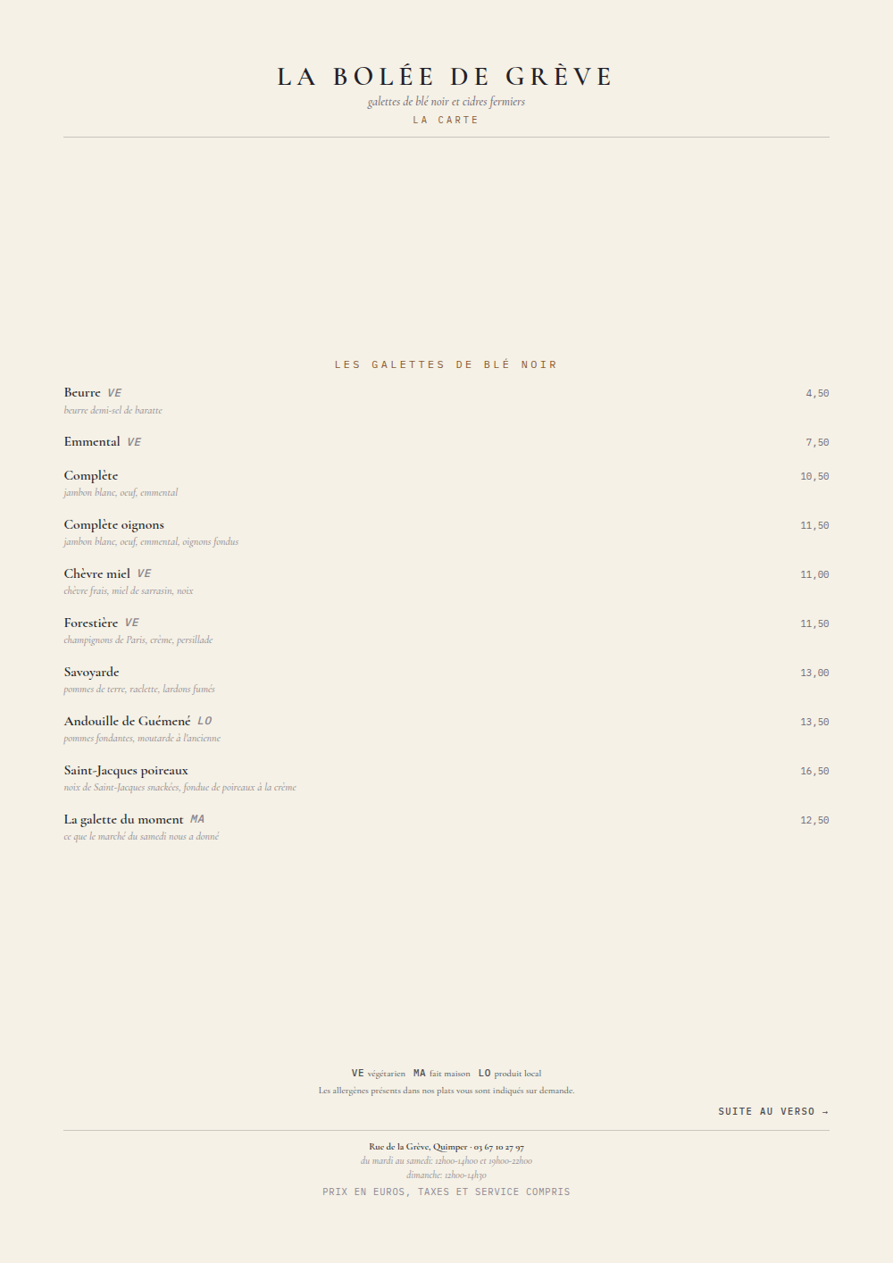 Carte de crêperie à imprimer, habillage « Le Chapitre »