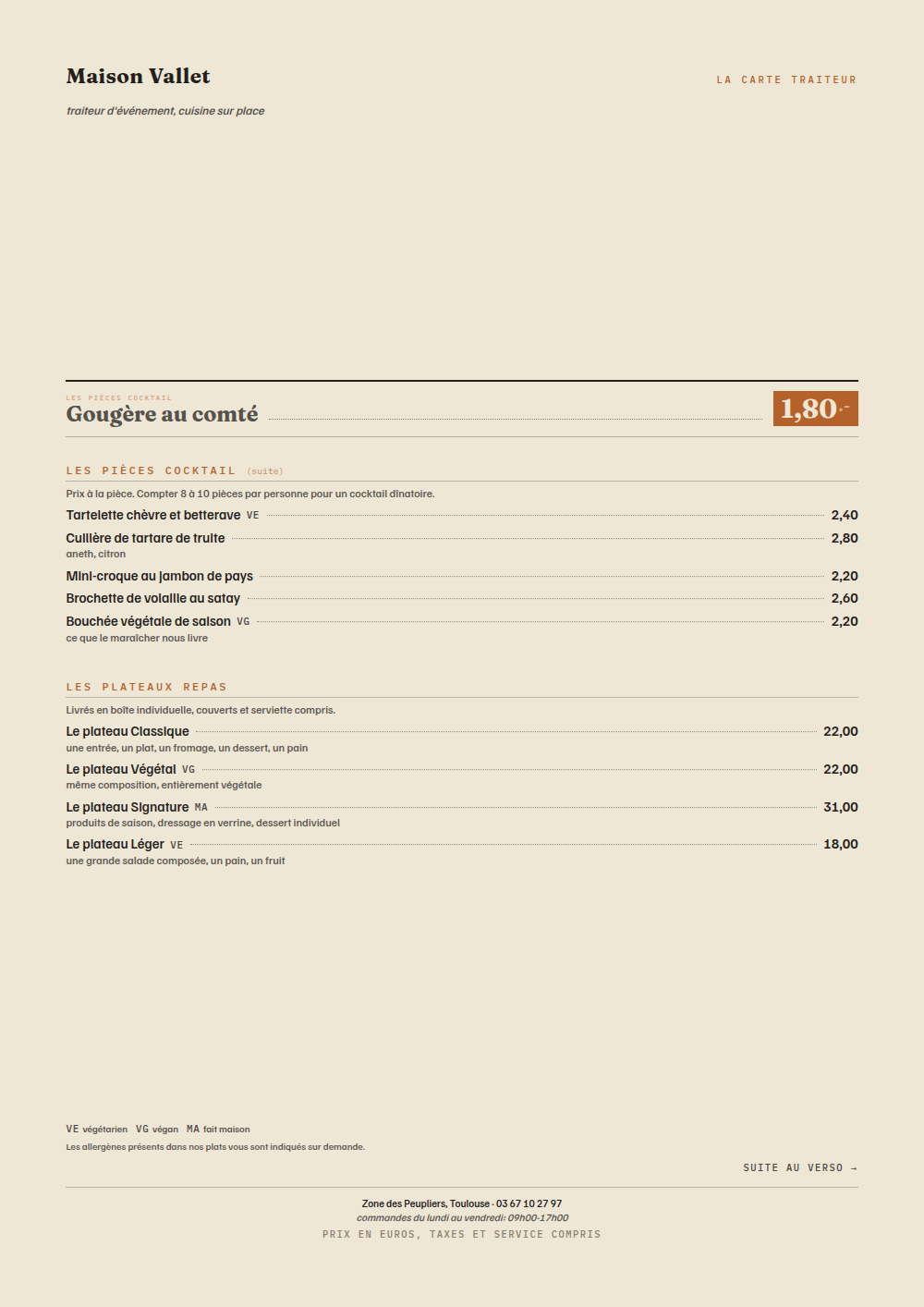 Carte de traiteur à imprimer, habillage « Le Pli »
