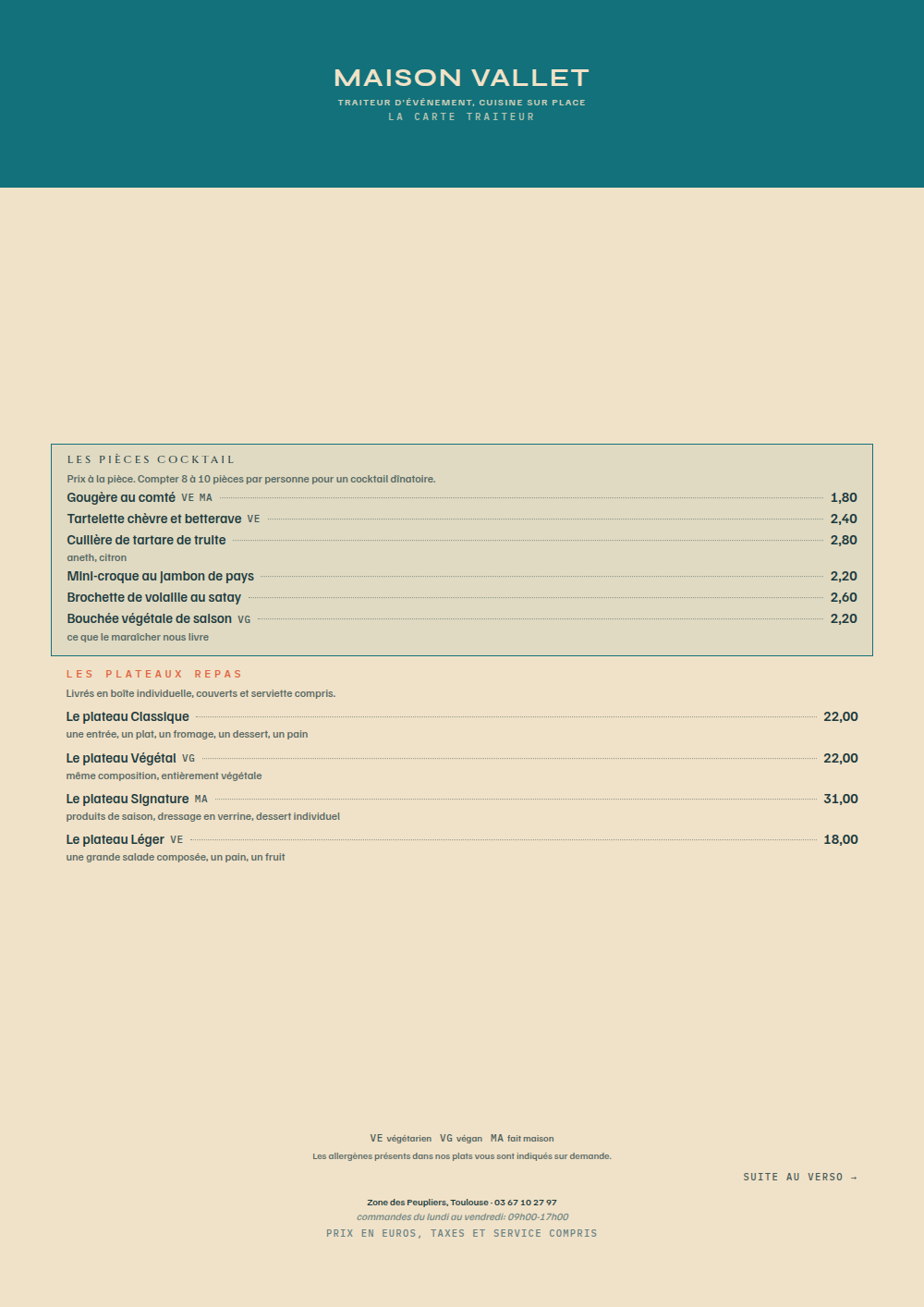 Carte de traiteur à imprimer, habillage « Sel & Sable »